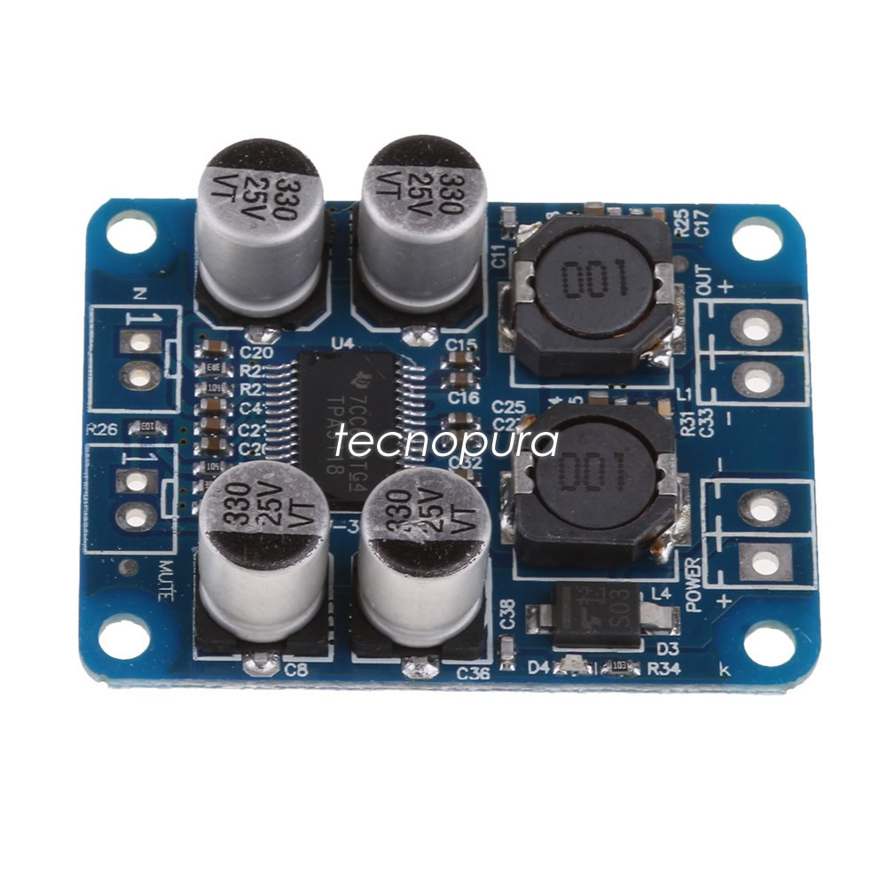 Módulo amplificador digital TPA3118 para audio monofónico 60W 8~24VDC -  Tecnopura