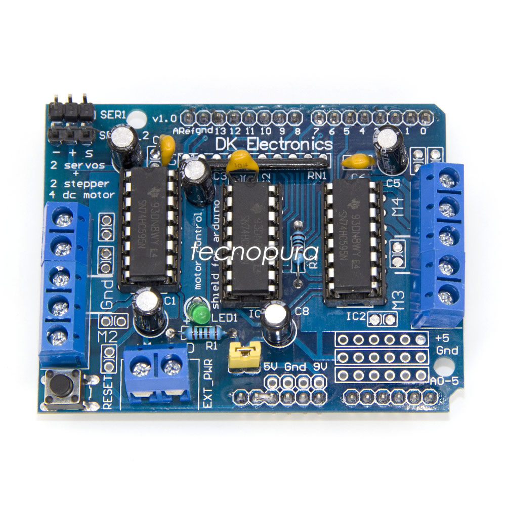 recuperar Implementar El propietario Módulo shield L293D / Puente H Para 4 Motores DC + 2 Servomotores - Driver  para Arduino - Tecnopura