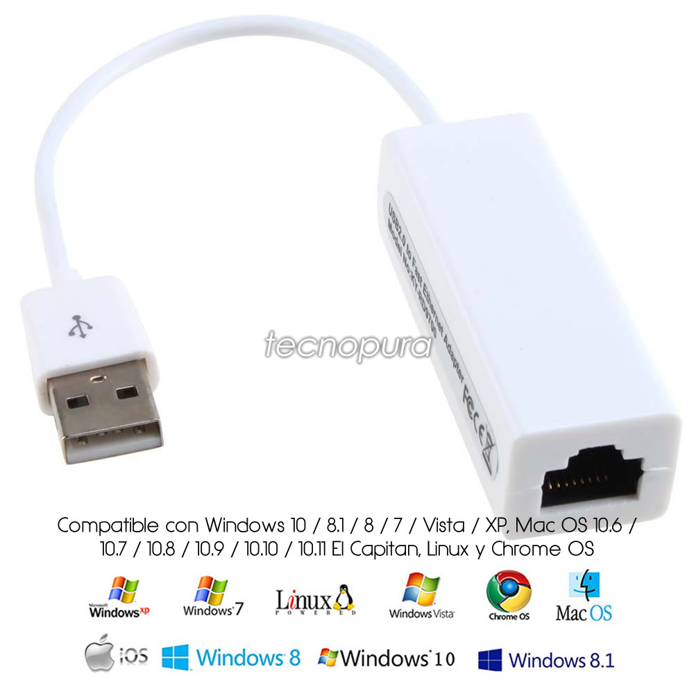 Desaparecido mar Mediterráneo Manifiesto Cable adaptador USB 2.0 a RJ45 / Tarjeta de red RJ45 para Windows 10 / 8,  Linux 2.4 y MacOS - Tecnopura