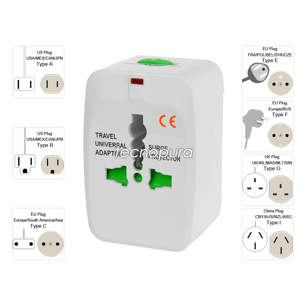 desaparecer alabanza Sustancialmente Adaptador de corriente universal para viaje enchufe US / UK / EU / AU -  Tecnopura