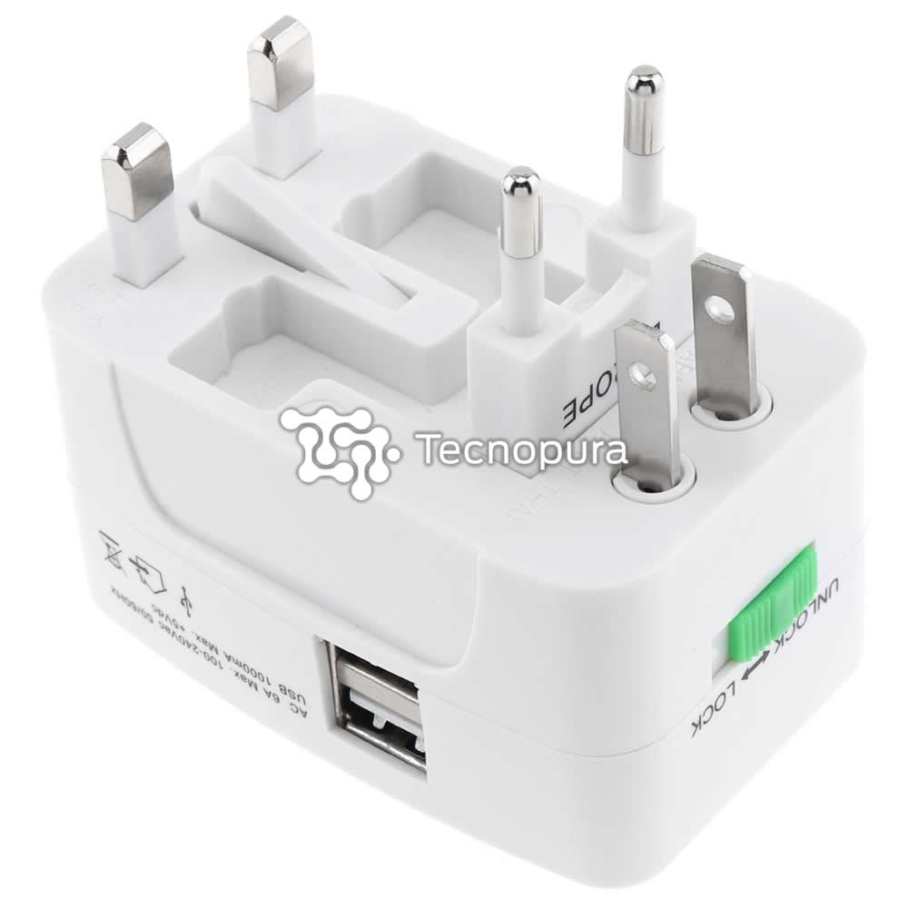 Adaptador de corriente universal viajero con 2 puertos USB - Tecnopura